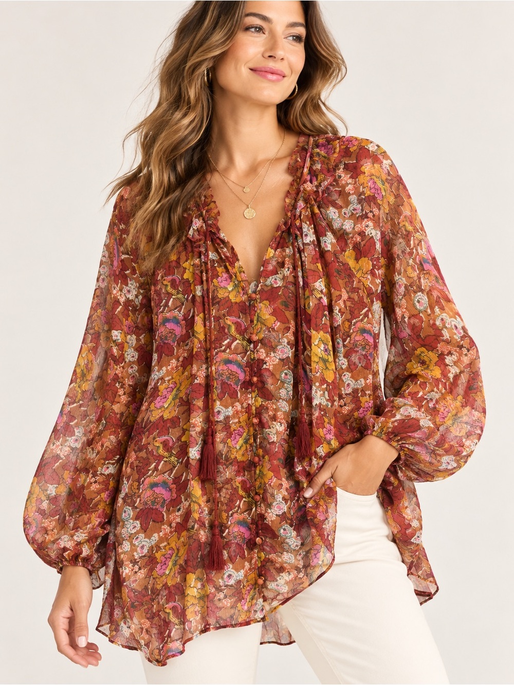 Johnny Was 100% Silk Floral Bird Print Tunic Blouse Size XL